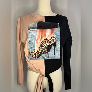 ViVI Black and Cream Asymmetrical Long Sleeve Tee, Size Small, NWOT